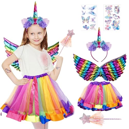 Einhorn Kostüm Prinzessin Set,5 Stück Einhorn Kostüm Kinder,Einhorn Kostüm kinder Mädchen,mit Einhorn Haarreif Einhorn Flügel Zauberstab Tüllrock Einhorn Aufkleber,für Karneval, Fasching,Party von Anyingkai