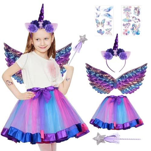 Einhorn Kostüm Prinzessin Set,5 Stück Einhorn Kostüm Kinder,Einhorn Kostüm kinder Mädchen,mit Einhorn Haarreif Einhorn Flügel Zauberstab Tüllrock Einhorn Aufkleber,für Karneval, Fasching,Party von Anyingkai