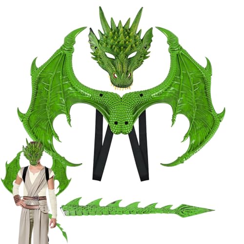 Anyingkai Halloween Drachenflügel Schwanz Masken Set,3 Stücke Halloween-Dinosaurier Cosplay Set für Kinder,Drachen kostüm kinder,Halloween Drachen Maske Drachen Cosplay Kostüm(Grün) von Anyingkai