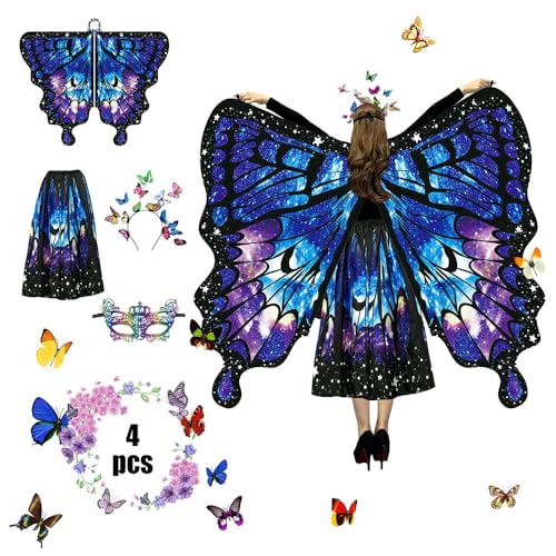 Schmetterling Kostüm Damen,Schmetterlingsflügel Erwachsene,4-teiliges Set Schmetterling Umhang,Schmetterling Damen Umhang,Schmetterlingskostüm Flügel Cosplay Fasching Skostüme für Karneval von Anyingkai