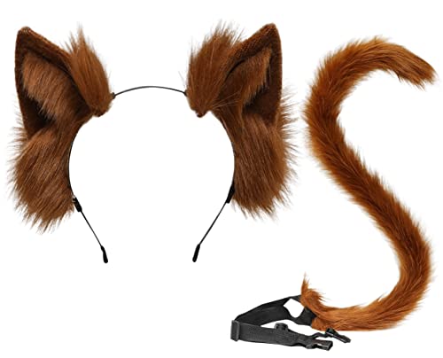 Anzeho Kunstpelz Katzenschwanz und Katzenohren Kit Tierschwanz Kostüm Halloween Cosplay, Braun, Medium von Anzeho