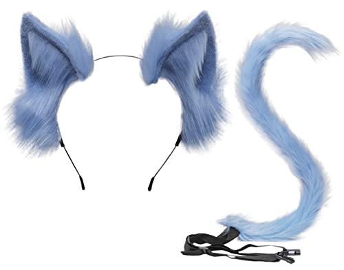 Anzeho Kunstpelz Katzenschwanz und Katzenohren Kit Tierschwanz Kostüm Halloween Cosplay, Hell, blau, Medium von Anzeho