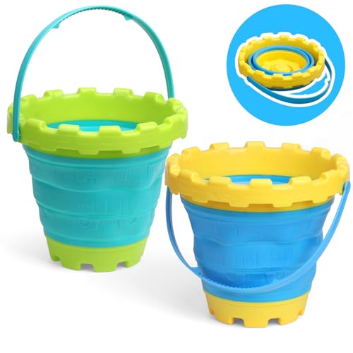 Anzmtosn 3L Sandburg Strandeimer Spielzeug 2 PCS,Bunte Sand Strand Eimer für Kinder, Kleinkinder, draußen, Sandkasten, Sandburg förmiger Eimer mit Netztasche,Schnee, Hinterhof Kein 2 Pack von Anzmtosn