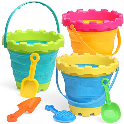 Groß Sandburg Strandeimer Spielzeug Schieben Set,Bunte Sand Strand Eimer für Kinder, Kleinkinder, draußen, Sandkasten, Sandburg förmiger Eimer mit Netztasche,Schnee, Hinterhof Kein Blue Yellow 7-Pack von Anzmtosn