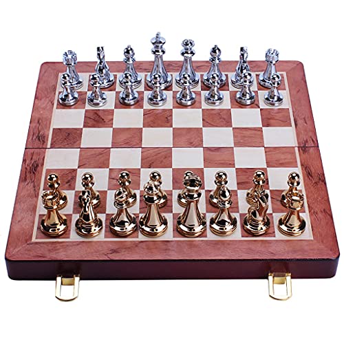 Schach Großes Schachspiel aus Metall, tragbare Aufbewahrungsbox aus Holz, zusammenklappbares Schachspiel mit schweren Schachfiguren aus Legierung, Schachspiel für Kinder, Geschenk-Schachspiel von AoBloom