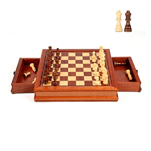Tragbare Schachspiele, magnetisches Schachspiel, handgefertigtes Schachbrettspielset aus Holz mit 2 Schubladen zur Aufbewahrung von Schachfiguren aus Holz, 2 zusätzlichen Damen, Schachbrettspiel von AoBloom