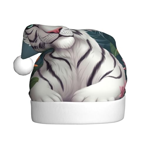 AoRom Weihnachtsmütze mit süßem weißen Tiger-Druck, Weihnachtsmannmütze für Erwachsene, Plüsch, bequem, Weihnachtsmütze für Neujahrsparty von AoRom