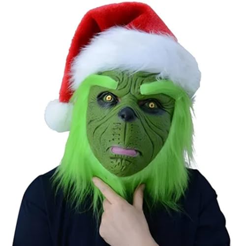 Grüne Weihnachtsmaske mit roter Nikolausmütze für Halloween Horror Requisiten, Realistische Vollkopf-Kostüme Maskerade Cosplay, Furry Grinch Kopfbedeckung für Lustige Karneval Weihnachten Party Grüne Weihnachtsmaske mit roter Nikolausmütze für Halloween Horror Requisiten, Realistische Vollkopf-Kostüme Maskerade Cosplay, Furry Grinch Kopfbedeckung für Lustige Karneval Weihnachten Party von Aoaoy