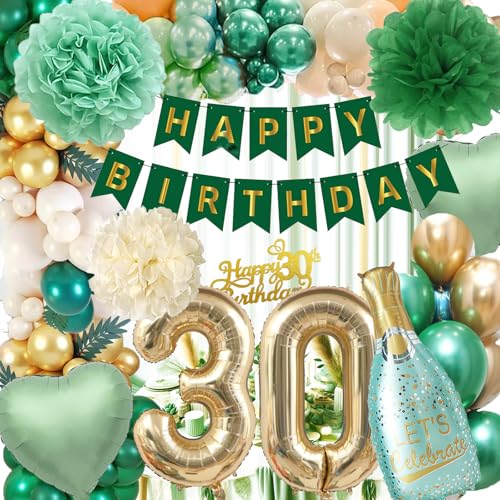 30 Geburtstag Frauen Mann,30 Geburtstag Deko, Grüne Gold Luftballons 30. Geburtstag mit Grüner Happy Birthday Banner,Grüne Weinflasche Grüner Herz-Folienballon,Pompoms für 30.Geburtstagdeko von Aodmti