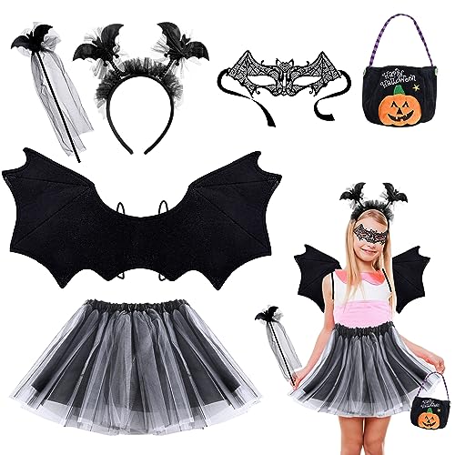 Aohcae 6 PCS Fledermaus Kostüm Kinder, Halloween Kostüm Kinder mit Haarband + Ballettröckchen + Flügel + Zauberstab + Fledermausmaske + Tragetasche für Halloween Cosplay Party (Aufwärts) von Aohcae