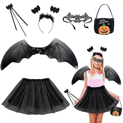 Aohcae 6 PCS Fledermaus Kostüm Kinder, Halloween Kostüm Kinder mit Haarband + Ballettröckchen + Flügel + Zauberstab + Fledermausmaske + Tragetasche für Halloween Cosplay Party (Nach unten) von Aohcae