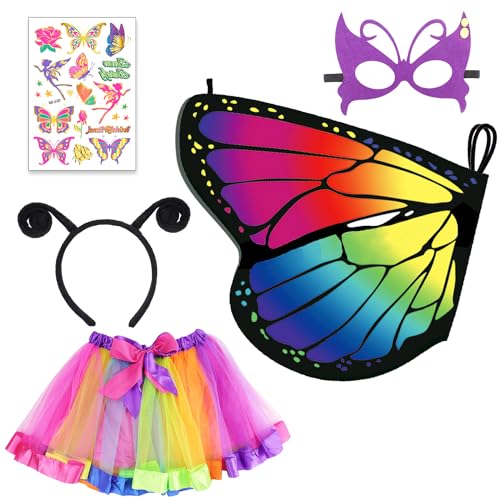 Aohcae Kostüm Schmetterling Kinder, Schmetterling Kostüm Kinder Mit Masken Sarongs Haarbändern Tattoos und Schmetterlingstüchern Schmetterling Kostüm Damen für Party Cosplay Halloween Karneval von Aohcae