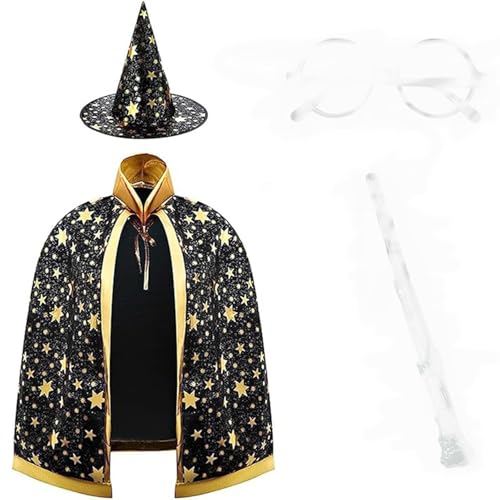 Aoiuenok 4-teiliges Hexe Zauberer Umhang, Kinder Halloween Kostüm, Halloween Zauberer Umhang, Bestehend aus Zauberer Cape, Zauberstab, Brille,und Zauberhut, für Jungen Mädchen 3-12 Jahre von Aoiuenok