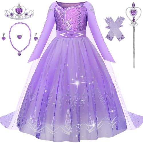 Aoiviss Mädchen Lila Langarm Prinzessin Kostüm Pailletten Prinzessin Kleid Cosplay Party Verkleidung Karneval Halloween 150 von Aoiviss