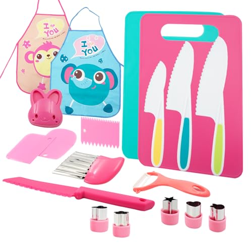 Aolkee 19 Stück Kinder Schneidemesser Set, Kinderküche Set mit Fruchtschneider Formen, Schneidbrett, Schürzen von AolKee