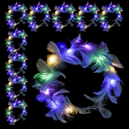 AolKee 10-Pack LED Stirnband Haarkranz Feder, Leuchtender Haarkranz, Blumenkranz haare, LED Feder Stirnband, Glänzendes Haarband für Party Zubehör, kinder geburtstag mitgebsel, haarband hochzeit von AolKee