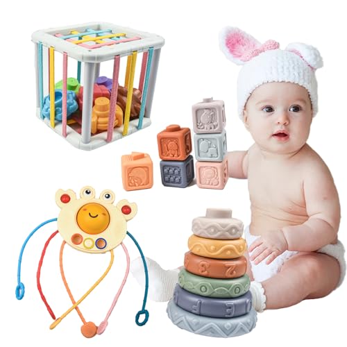 AolKee 4 In 1 Montessori Spielzeug Baby Spielzeug 6 Monate, Sensorik Spielzeug, Stapelturm Baby, Baby Shape Sortier Spielzeug, Baby Spielzeug Geschenk Junge Mädchen von AolKee
