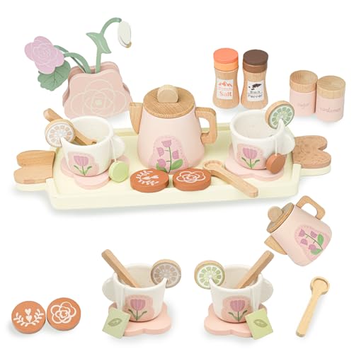 Teeservice Kinder Holz, AolKee Küchenzubehör Kinder Holz, Rollenspiel Spielzeug, Kinder küchenzubehör, Tee Party Set für Kinder, Rosa, Geschenke für 3 4 5 Jahre alte Kleinkinder von AolKee