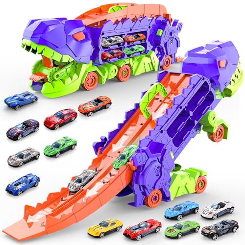 Aolawco 2-in-1 Dinosaurier Transporter Truck Spielzeug mit inkl Autorennbahn, Cars Spielzeug Geschenk für Kinder ab 3 4 5 Jahren Jungen, Tragbares Rennbahn Spielzeugauto mit 8 Rennautos（Purple） von Aolawco