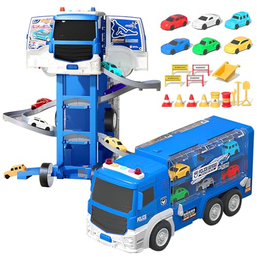 Aolawco 2-in-1 Transport Truck Spielzeug Autos mit Tracks für Jungen Mädchen Alter 3 4 5 6 7 8, Transformer Truck Spielzeug mit 6 Rennwagen, Träger Fahrzeuge Spielzeug Set für Kinder von Aolawco