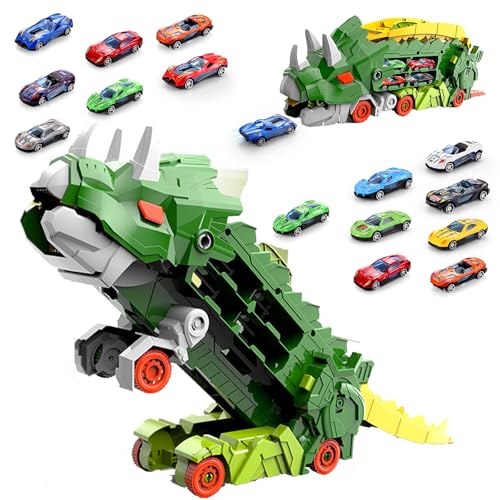 Aolawco 2-in-1 Triceratops Transport Truck Spielzeugauto mit Schienen für 3 4 5 6 7 8 Jahre alte Jungen und Mädchen,Transformers Truck Spielzeug mit 6 Rennwagen（Green） von Aolawco