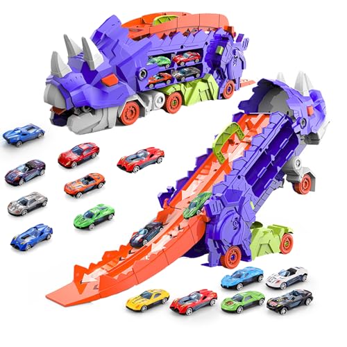 Aolawco 2-in-1 Triceratops Transport Truck Spielzeugauto mit Schienen für 3 4 5 6 7 8 Jahre alte Jungen und Mädchen,Transformers Truck Spielzeug mit 6 Rennwagen（Purple） von Aolawco