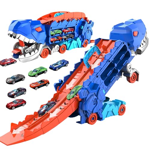 Aolawco 11-in-1 Dinosaurier Transporter Truck Spielzeug mit inkl Autorennbahn, Cars Spielzeug Geschenk für Kinder ab 3 4 5 Jahren Jungen, Tragbares Rennbahn Spielzeugauto mit 8 Rennautos（Blue） von Aolawco