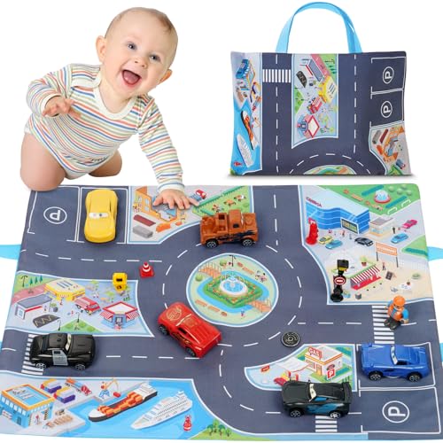 Aolso Cartoon Gummi Baby Autos, 13PCS Cartoon LKW Auto Spielzeug mit Spielmatte/Aufbewahrungstasche, Kinder Auto Teppich, Spielteppich Straße Kinderteppich, Spielzeugautos für Kinder ab 1 2 3 Jahren von Aolso