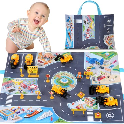 Aolso Cartoon Lastwagen Auto Spielzeug, 18 Stück Cartoon Gummi-Babyautos mit Spielmatte, Autoteppich Kinder, Aufbewahrungstasche, Spielzeugautos für Kinder ab 1 2 3 Jahren(Gelber Bauwagen) von Aolso