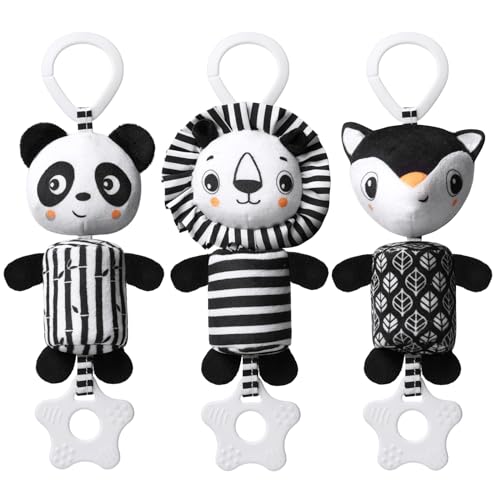 Aolso Kinderwagen Spielzeug, Baby-Hängespielzeug, 3Pcs hängendes Rasselspielzeug, schwarz-weißes Spielzeug, Neugeborenes Autositz-Spielzeug für Jungen und Mädchen (Panda/Fuchs/Löwe) von Aolso