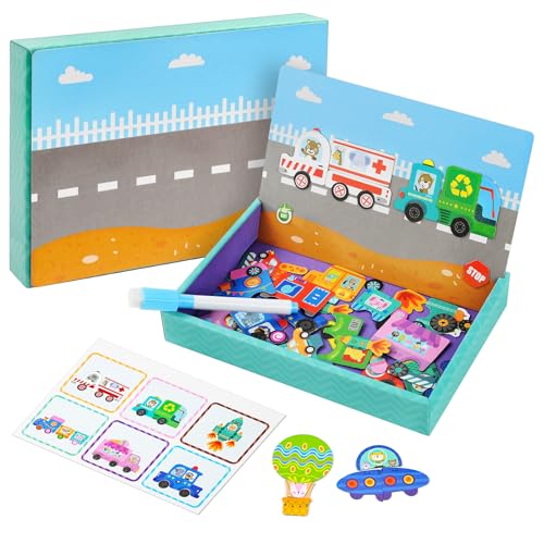 Aolso Magnetpuzzles für Kinder, 3–5 Jahre Magnetspiel, Pädagogisches Magnetisches Fahrzeug-Puzzlespielzeug mit bunten Fahrzeugen, Reisespiele und Reisespielzeug, Lernmagnet-Geschenk für den Roadtrip von Aolso