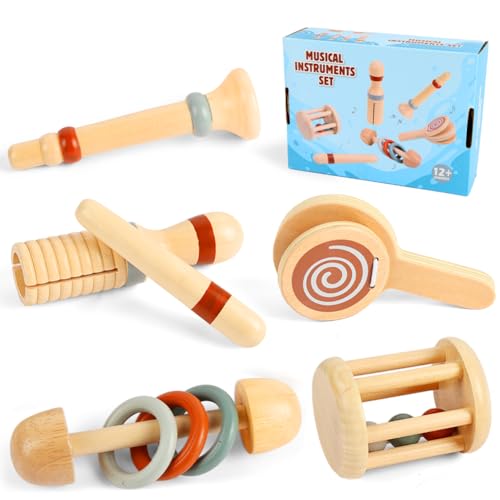 Aolso Montessori Baby Spielzeug, 5pc Holzspielzeug Rasselinstrumente ab 3 Jahr, Zahnungspielzeug für Säuglinge, Baby Musikspielzeug Sensorisches Training lernspielzeug Aolso Montessori Baby Spielzeug, 5pc Holzspielzeug Rasselinstrumente ab 3 Jahr, Zahnungspielzeug für Säuglinge, Baby Musikspielzeug Sensorisches Training lernspielzeug von Aolso