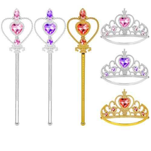 Aolso Prinzessin Kostüme Zubehör Set of 6, Eiskönigin Krone und Zauberstab ELSA Dress Up Zubehör Set, Ohrring für Geburtstage, Cosplay und Festivals(Rosa/Lila/Gelb) von Aolso