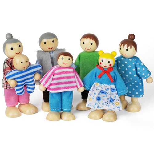 Aolso Puppenhaus Puppen,7 Stück Puppenfamilie aus Holz, Figuren Puppen Spielset Biegepuppen, Familie Puppen Zubehör für Puppenhäuseraus, Puppenhaus-Hausset (gebündeltes Haar) von Aolso