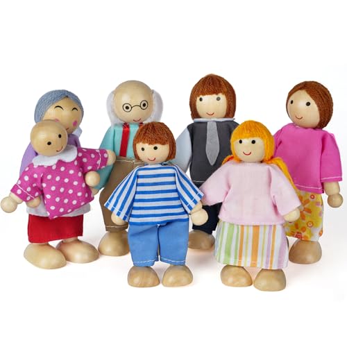 Aolso Puppenhaus Puppen,7 Stück Puppenfamilie aus Holz, Figuren Puppen Spielset Biegepuppen, Familie Puppen Zubehör für Puppenhäuseraus, Puppenhaus-Hausset (Loses Haar) von Aolso