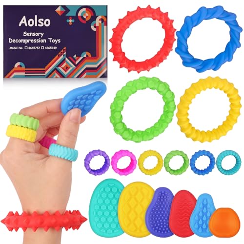 Aolso Sensorischen Armbänder, 4 Stück Wristband Fidget Dekompression Spielzeug+6 Stück Toys Sensory Stones+6 Stück Ring Sensory Stones,Stressberuhigendes Spielzeug Für Kinder Erwachsene von Aolso