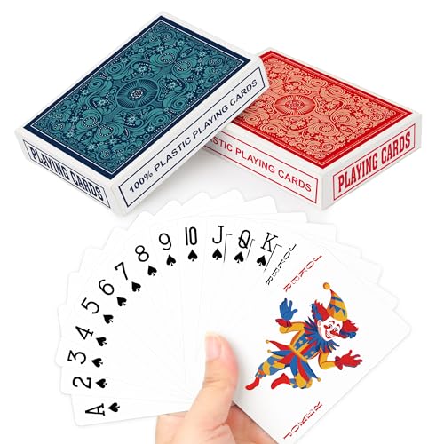 2 Stück Pokerkarten Plastik Kartenspiel Wasserdichte Spielkarten Spielkarten Plastik Standard Spielkarten Kunststoff Spielkarten für Erwachsene Senioren Familien Kartenspiele Party Strand Reise von Aomaic