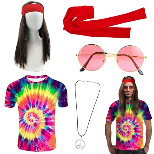 Aomantic Sarl Hippie Kostüm Set, 5 Hippie Perücken Kostüm Zubehör Set, Hippie T-Shirt, Sonnenbrille, Frieden Zeichen Halskette, Hippie Perücke Herren, Hippie Stirnband, 70er Kostüme für Disco Party von Aomantic Sarl