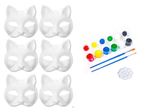 6 Stück Katzen Mask, Katzenmasken zum Anmalen, DIY Katzen Maskenset, Blanke Katzenmaske mit Pigment von Aomhrek