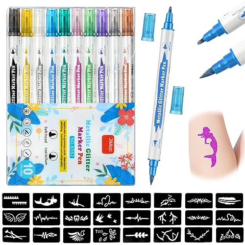 AOMIG Markierungen Stifte Kinder, 10 x Tatoostift mit 1 Schablonen 24 Muster, Temporäre Tattoo Gelstifte Set für Kinder Erwachsene Fasching Halloween Party Verkleiden Geschenk von Aomig