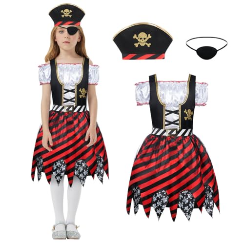 Aoimg Kinder Piraten Kostüm, 3 Pcs Piraten Kostüm mit Zubehör piratenhut Pirat Augenklappe, Piraten Outfit Mädchen Dress Up Set für Halloween Karneval Geburtstag Cosplay, L von Aomig