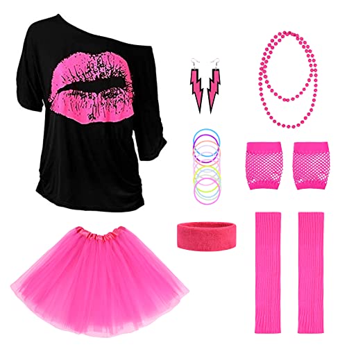 Aomig 80 Jahre Kostüm Zubehör Set, 8PCS T-Shirt Tutu Stirnband Ohrring Halskette Beinlinge, 80er Kostüme Accessoires für Frauen Mädchen Erwachsene 80 Jahre Thema Party Karneval Fasching (XL) von Aomig