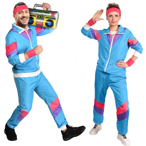 Aomig 90er 80er Jahre Kostüm Erwachsene, Retro Trainingsanzug für Männer Frauen, Disco Ganzkörperanzug, Partner Outfit Jacke und Hose 80er Party Bad Taste für Mottoparty Karneval(Blau-L) von Aomig