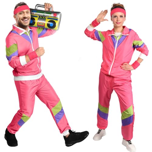 Aomig 90er 80er Jahre Kostüm Erwachsene, Retro Trainingsanzug für Männer Frauen, Disco Ganzkörperanzug, Partner Outfit Jacke und Hose 80er Party Bad Taste für Mottoparty Karneval(Rosarot-L) von Aomig