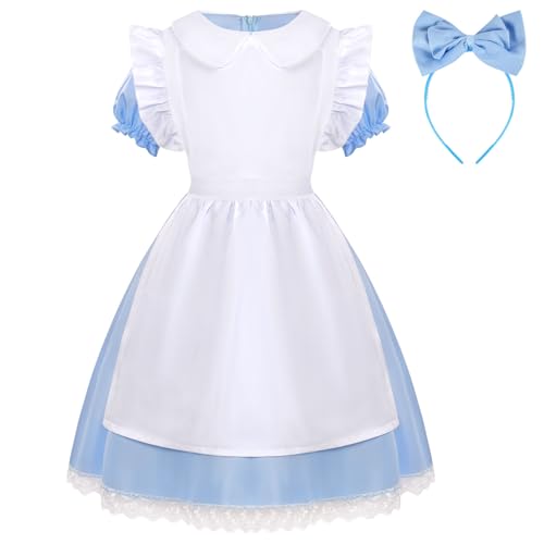 Aomig Alice im Wunderland Kostüm Blau Kleid klassisch Verkleidung mit Weißer Schürze und Haarreifen für Kinder Schleife Stirnbänder Kopfschmuck für Frauen Mädchen Buchfigur-Kostüme Weltbuchtag (100cm) von Aomig