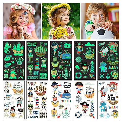 Aomig Children's Tattoos Set, 10 Sheets Temporary Tattoos, Glow in the Dark Tattoo for Girls Boys Skin-Friendly Temporary Children's Tattoos, Pirat Temporary Tattoos Stickers for Birthday Party Bags von Aomig