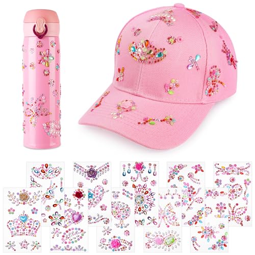 Aomig DIY Baseballkappe, Verstellbar Baseballkappe Kinder Mädchen mit 10 Pcs Glitzersteine Selbstklebend und Edelstahl Thermobecher, Baseball Cap Sonnenhut Geschenke für 4 5 6 7 8 9 10 11 Jahre（Rosa） von Aomig