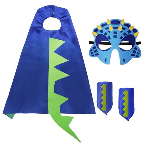 Aomig Dinosaurier Umhang Kinder 3Pcs Blau Drachenflügel Cosplay Kostüm Cape mit Dino Maske Handschuhe Drachen Mantel Kleidung Kinderkostüm Halloween Karneval Weihnachts Maskerade Jungen Mädchen 70cm von Aomig