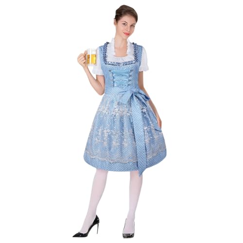 Aomig Dirndl Damen Midi, Oktoberfest Kostüme Midi Trachtenkleid Damen, Blau Elegante Trachtenkleid, 3 Stück Bayerische Tracht Dirndl Outfits Biermädchen Geeignet Karneval Halloween Cosplay(38 Yards) von Aomig