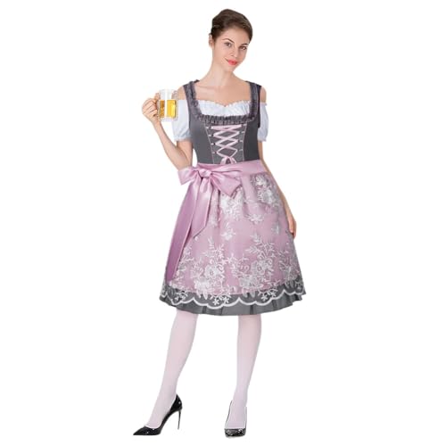 Aomig Dirndl Damen Midi, Oktoberfest Kostüme Midi Trachtenkleid Damen, Rosa Elegante Trachtenkleid, 3 Stück Bayerische Tracht Dirndl Outfits Biermädchen Geeignet Karneval Halloween Cosplay(36 Yards) von Aomig